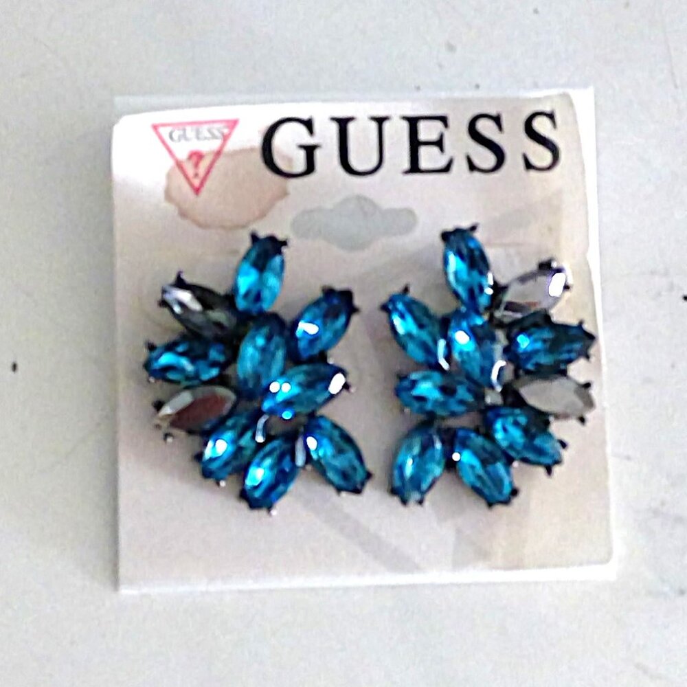 NEW Guess Blue Crystal / Glass Post Back Earrings Gunmetal Brand New on Card
